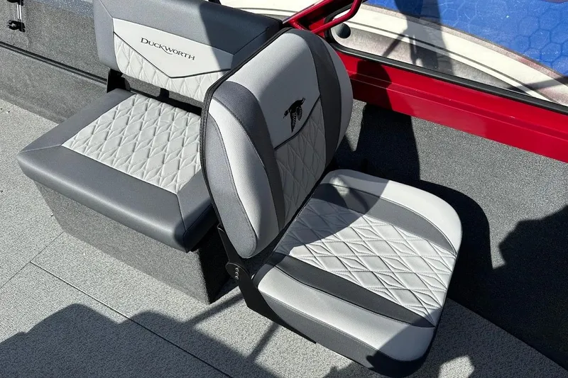 Slide: The Image of 2025 Duckworth 20 Advantage SE boat seats with diamond-pattern upholstery and sleek design. - 18