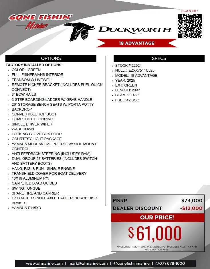 Slide: The Image of 2025 Duckworth 18 Advantage boat, green, full fisherman’s interior, priced at $61,000 after discount. - 7