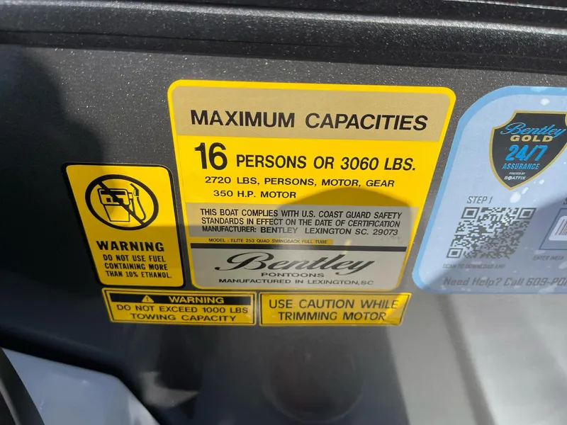 Slide: The Image of 2025 Bentley Pontoons Legacy 243 QSB capacity label, 16 persons or 3060 lbs, 350 HP motor. - 11