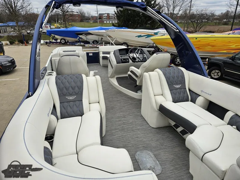 Slide: The Image of 2021 Bennington RX 25 Quad Bench boat interior with luxurious seating and modern design. - 34