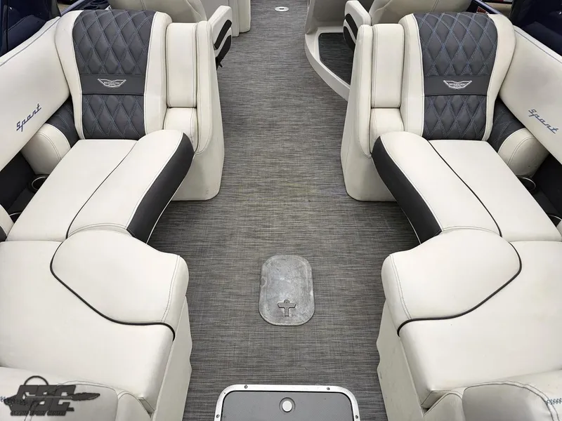 Slide: The Image of 2021 Bennington RX 25 Quad Bench interior with luxurious seating and elegant design. - 37