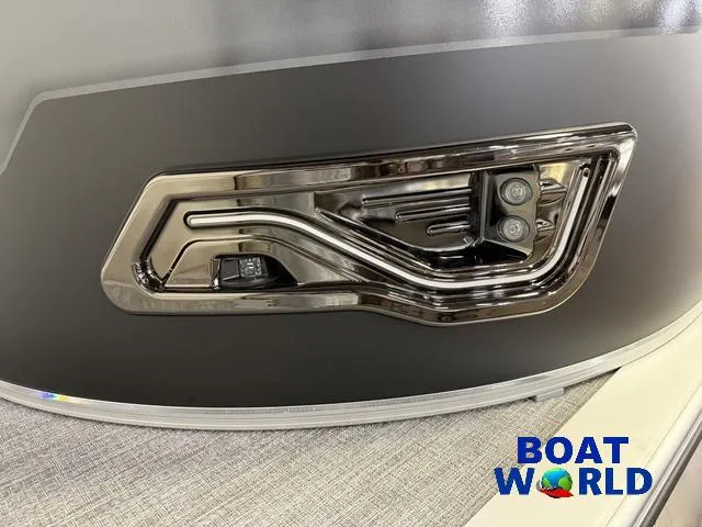 Slide: The Image of 2025 Tahoe Sport 2385 Swingback Tritoon LED detail at Boat World showroom. - 32