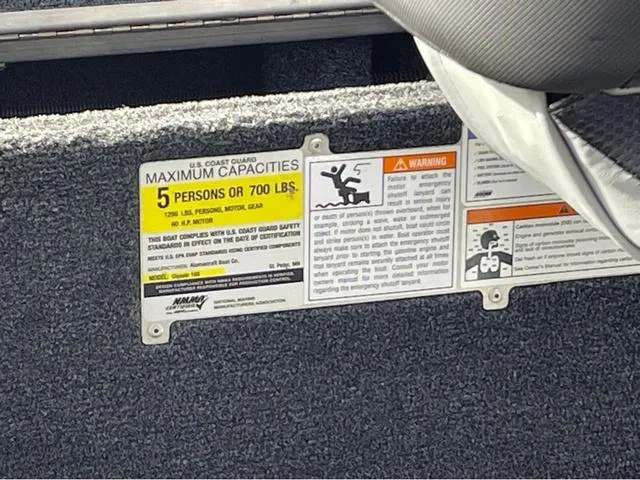 Slide: The Image of 2016 Alumacraft Classic 165 TL capacity label, indicating a maximum of 5 persons or 700 lbs. - 16