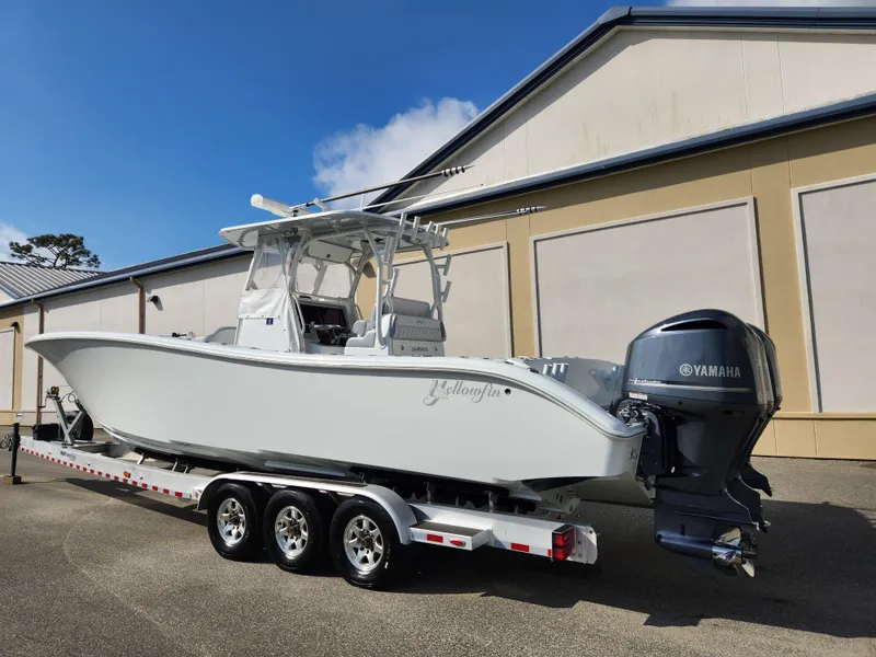 Slide: The Image of 2017 Yellowfin 34 Offshore boat on trailer with Yamaha outboard motor. - 6