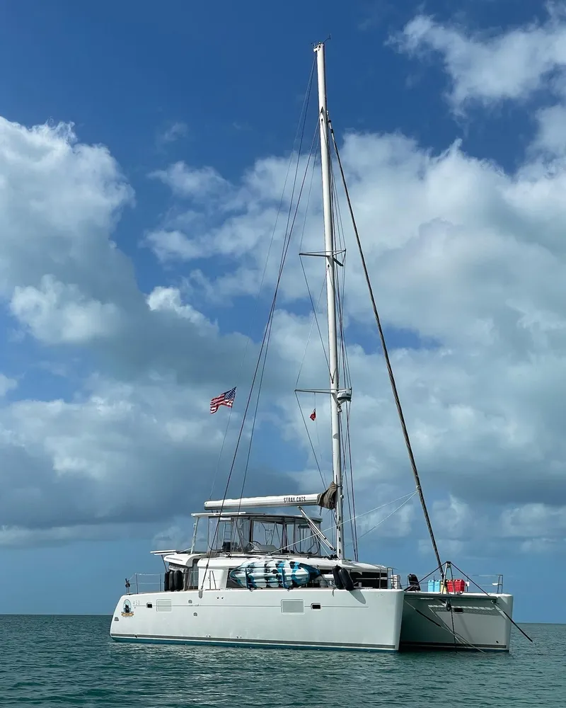 Slide: The Image of 2016 Lagoon 450 F catamaran sailing on calm waters under a cloudy sky. - 2