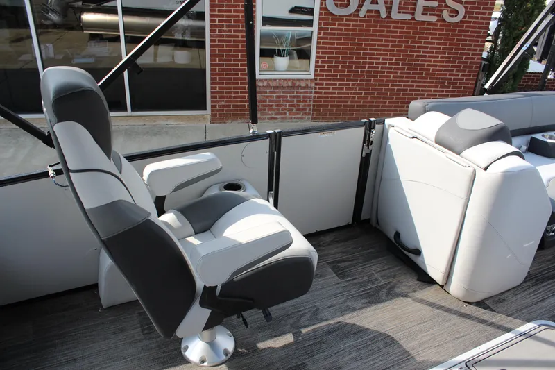 Slide: The Image of 2023 Tahoe Pontoon Cascade Platinum Versatile Rear Bench 23' interior with modern seating design. - 8