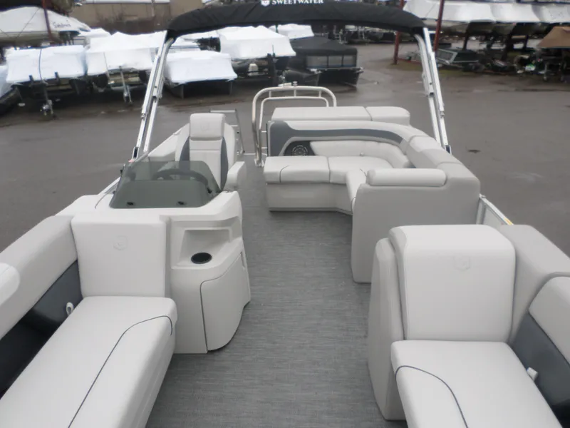 Slide: The Image of 2025 Godfrey Sweetwater 2086 CSE pontoon boat with spacious seating and modern design. - 5