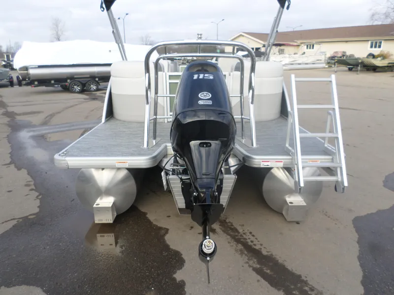 Slide: The Image of 2025 Godfrey Sweetwater 2086 SB pontoon boat with 115 HP outboard motor, rear view. - 7
