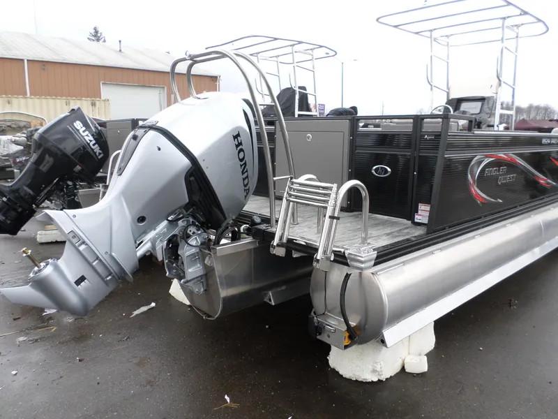 Slide: The Image of 2024 Angler Quest 8522/24 Pro Fish N Cruise pontoon boat with Honda and Suzuki outboard motors. - 6
