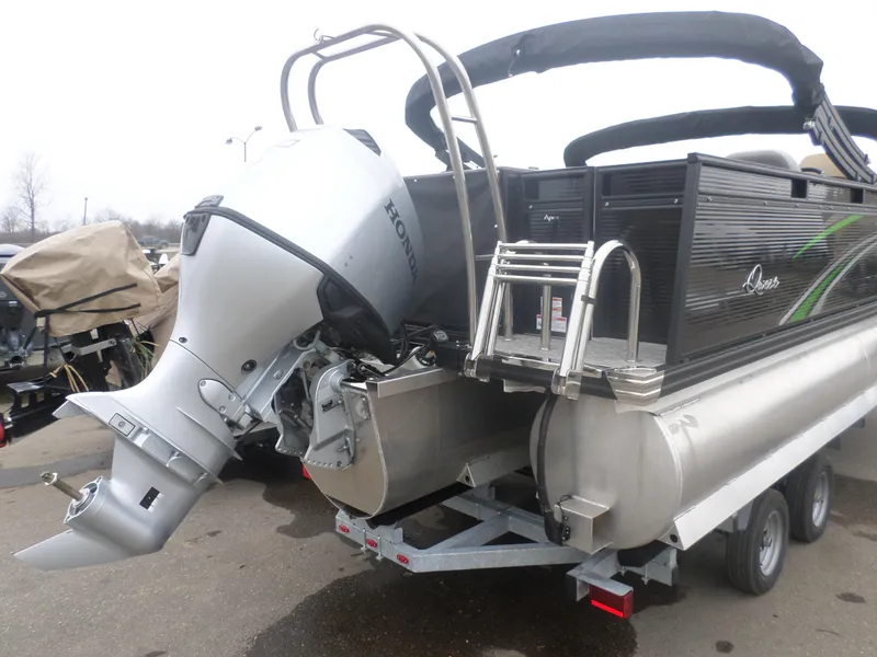 Slide: The Image of 2023 Apex Qwest 822 XRE Cruise LT TRI pontoon boat with Honda outboard motor. - 3