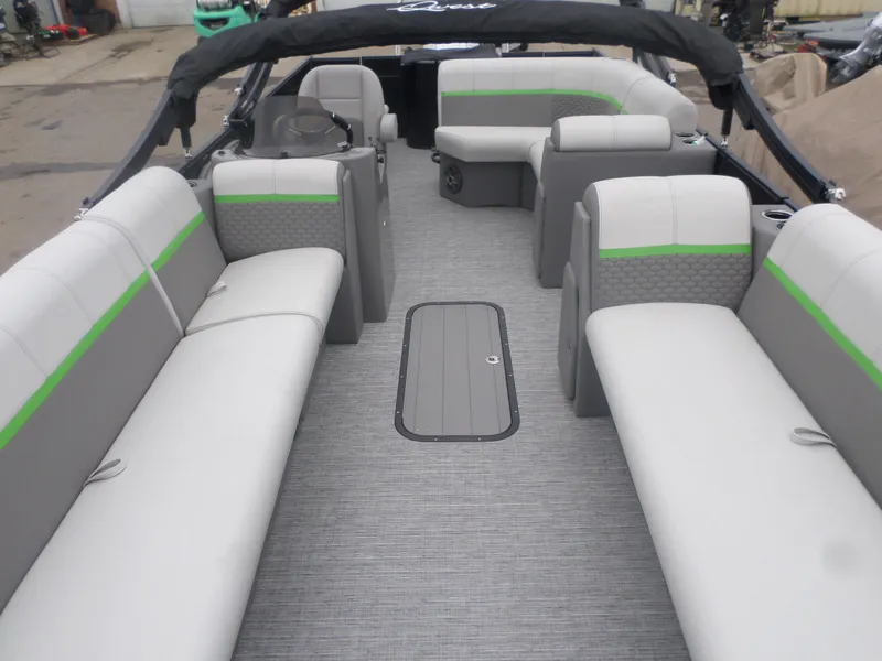 Slide: The Image of 2023 Apex Qwest 822 XRE Cruise LT TRI pontoon boat interior with spacious seating. - 4