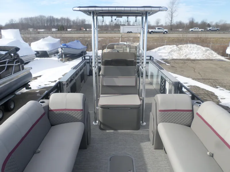 Slide: The Image of 2024 Angler Quest 8524/26 Pro Fish N Cruise pontoon boat with spacious seating and modern design. - 2