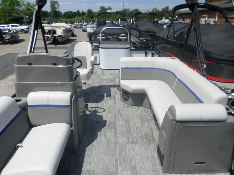 Slide: The Image of 2024 Angler Quest 8522 Pro Family Fish L pontoon boat with spacious seating and modern design. - 4