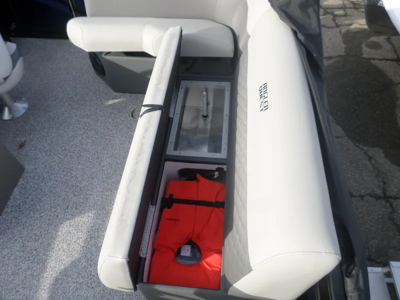 Slide: The Image of 2025 Angler Quest 814 Panfish boat seat storage with life jacket and compartment. - 7