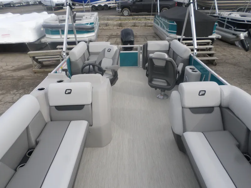Slide: The Image of 2025 Princecraft Vectra 23 XT pontoon boat interior with spacious seating and modern design. - 3