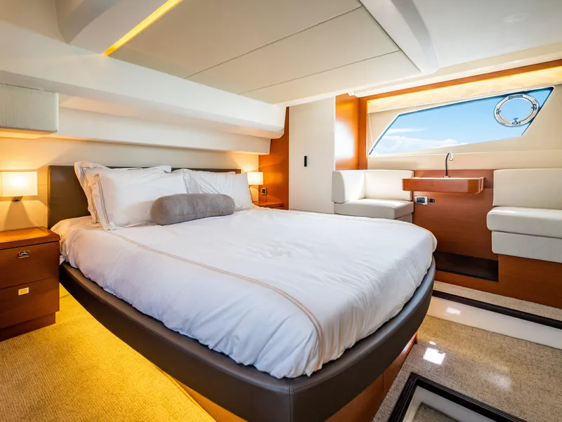 Slide: The Image of Luxurious bedroom interior of 2017 Prestige 500 yacht with modern design and ocean view. - 16