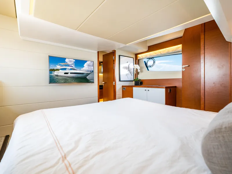 Slide: The Image of Luxurious cabin interior of a 2017 Prestige 500 yacht with modern decor. - 32