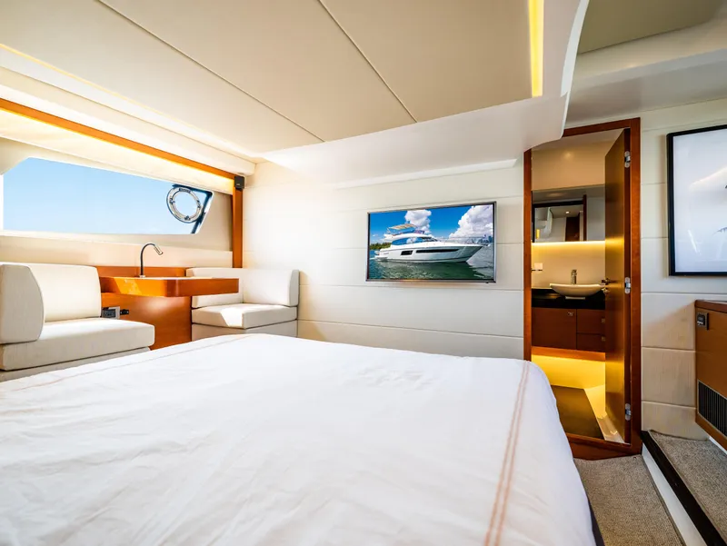 Slide: The Image of Luxurious interior of a 2017 Prestige 500 yacht with modern amenities and elegant design. - 36