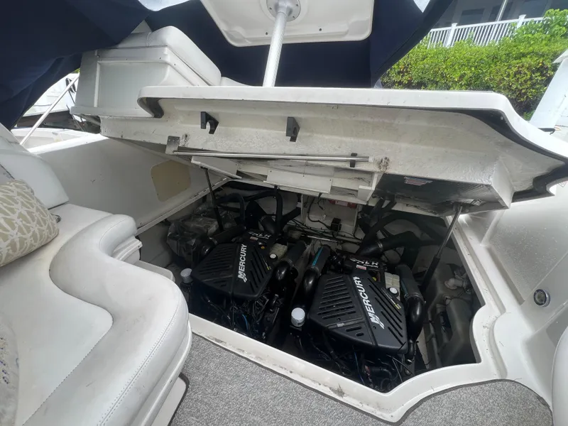 Slide: The Image of Engine compartment of a 2005 Sea Ray 340 Sundancer with twin MerCruiser engines. - 27