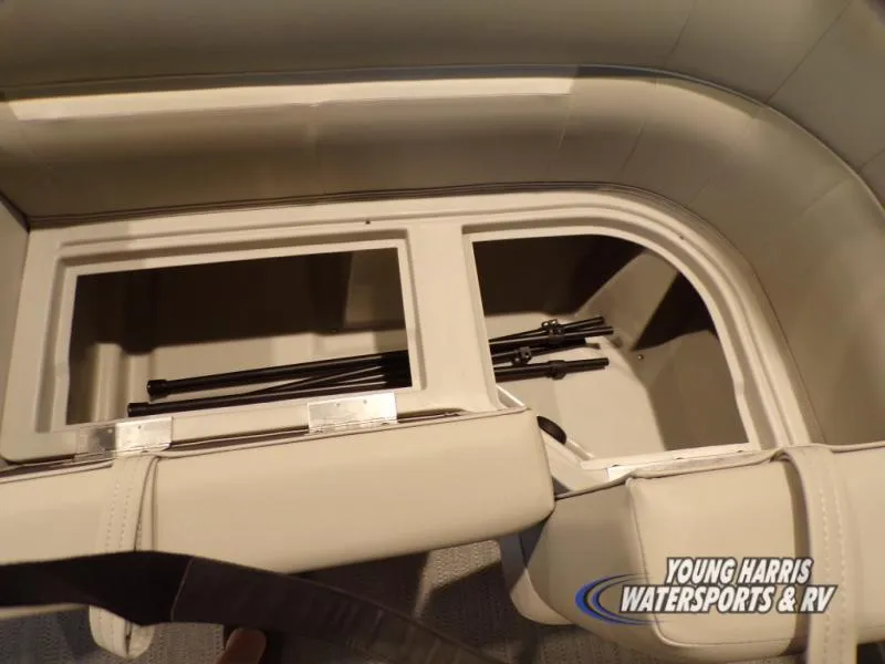 Slide: The Image of Interior storage compartment of 2025 Godfrey EX2286SB boat, featuring spacious seating. - 9