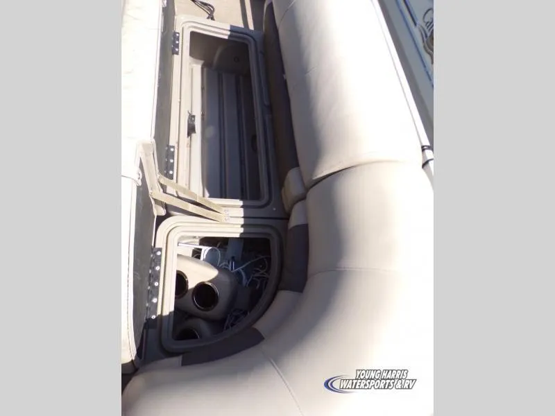 Slide: The Image of 2020 Sun Tracker Party Barge 20DLX interior storage compartments and seating area. - 10