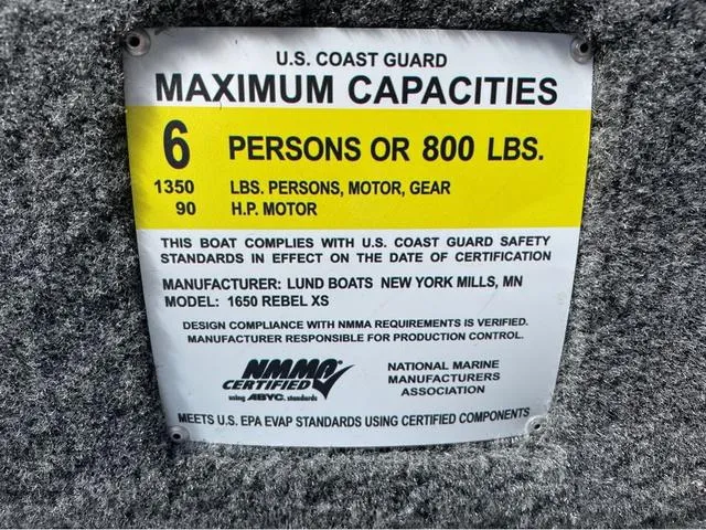 Slide: The Image of 2016 Lund 1650 Rebel XL Sport capacity label, 6 persons or 800 lbs, 90 HP motor. - 22