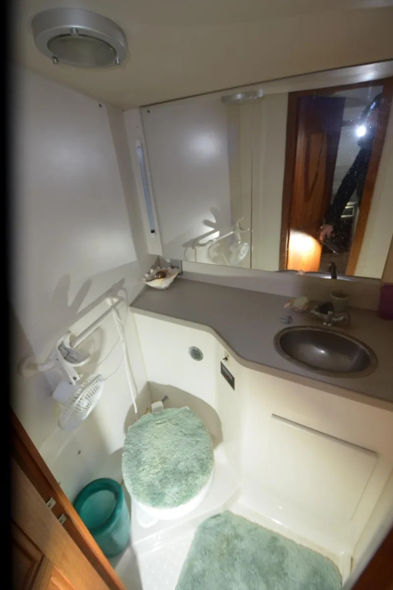 Slide: The Image of 1993 Carver 350 Aft bathroom with sink, mirror, and toilet, featuring green accents. - 10