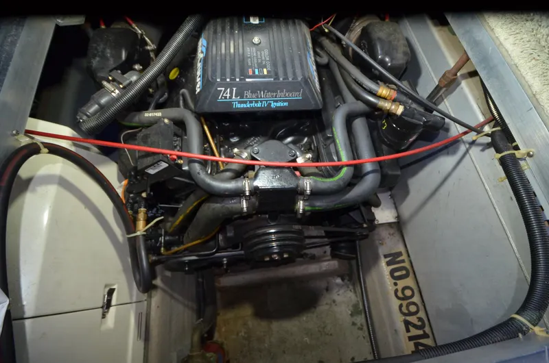 Slide: The Image of Engine compartment of a 1993 Carver 350 Aft with 7.4L Blue Water Inboard engine. - 29