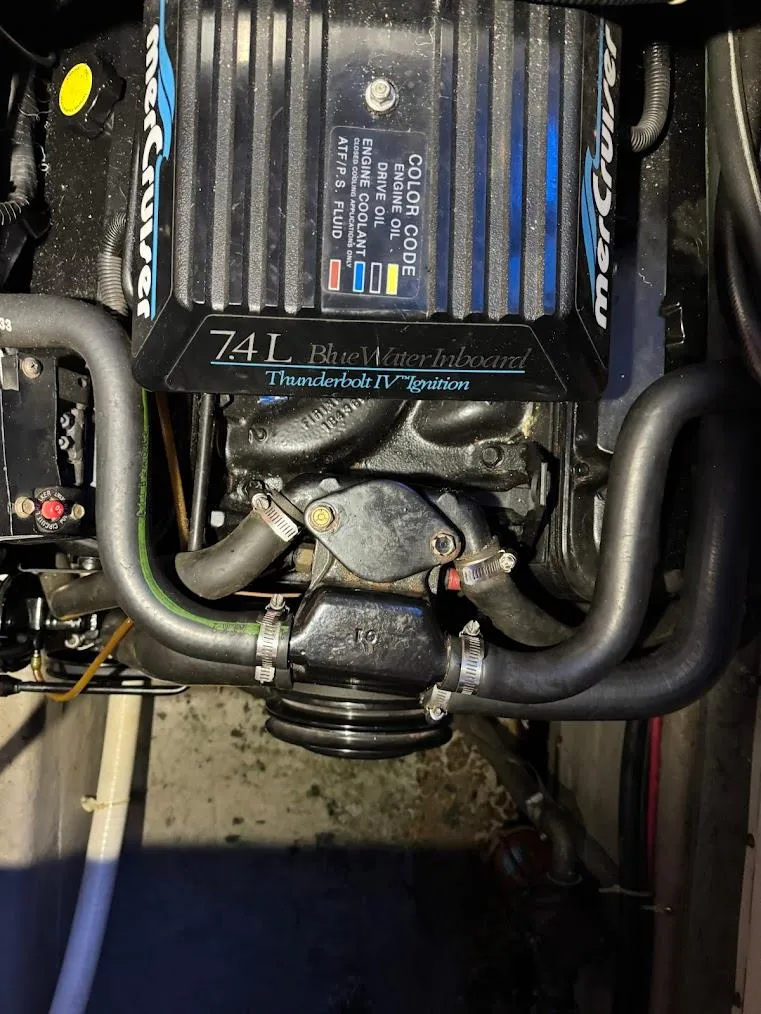 Slide: The Image of Engine compartment of a 1993 Carver 350 Aft with 7.4L MerCruiser engine. - 32