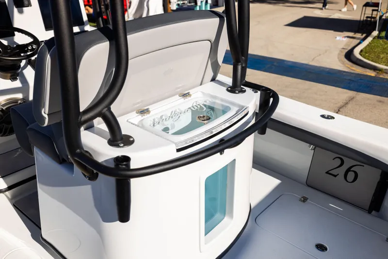 Slide: The Image of 2025 Yellowfin 26 Hybrid boat interior with seating and storage compartments. - 5