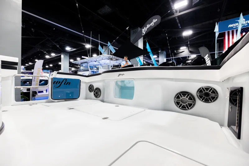 Slide: The Image of 2025 Yellowfin 39 Offshore boat interior at a boat show, featuring sleek design and modern amenities. - 8