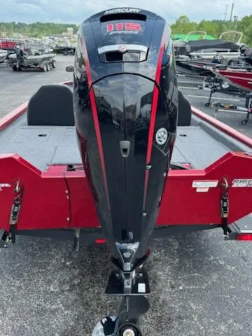 Slide: The Image of 2025 Tracker Pro Team 190 boat with Mercury 115 outboard motor, red and black design. - 2