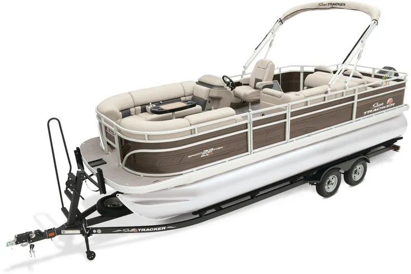Slide: The Image of 2025 Sun Tracker SportFish 22 XP3 pontoon boat with Mercury outboard motor and canopy. - 2