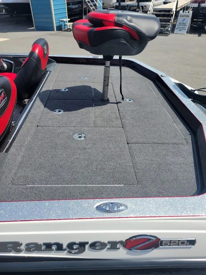 Slide: The Image of 2021 Ranger Z520L boat deck with seating, featuring sleek design and spacious layout. - 12