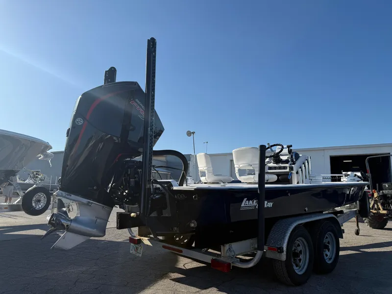 Slide: The Image of 1998 Lake & Bay Boca Grande 20 boat on trailer, rear view, sunny day. - 7