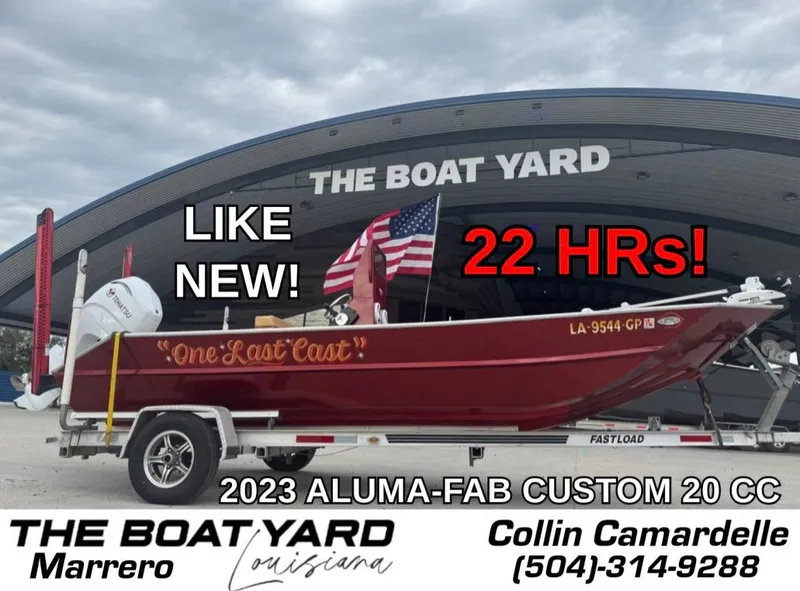 Slide: The Image of 2023 Alumafab 20 CC boat, red, "One Last Cast," 22 hours, at The Boat Yard, Marrero. - 0