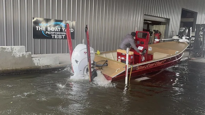 Slide: The Image of 2023 Custom Alumafab 20 CC boat undergoing performance test at The Boat Yard. - 18