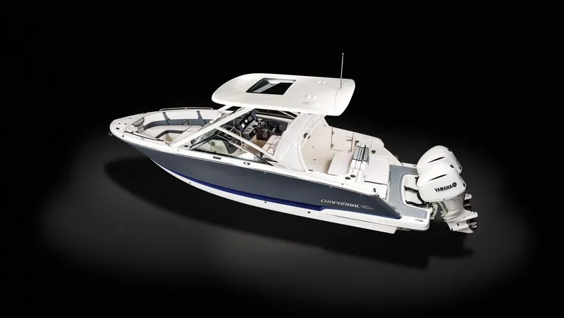 Slide: The Image of 2025 Chaparral 280 OSX boat with dual Yamaha engines, sleek design, and spacious interior. - 17