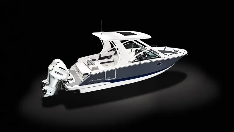Slide: The Image of 2025 Chaparral 280 OSX boat with Yamaha outboard engine, sleek design, side view. - 18
