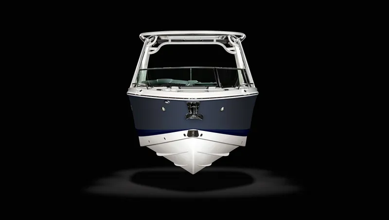 Slide: The Image of 2025 Chaparral 280 OSX boat, front view, sleek design, black background. - 19