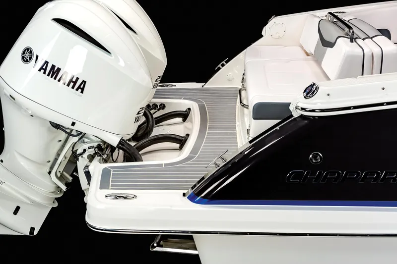 Slide: The Image of 2025 Chaparral 280 OSX boat with Yamaha engine, sleek design, and modern features. - 24