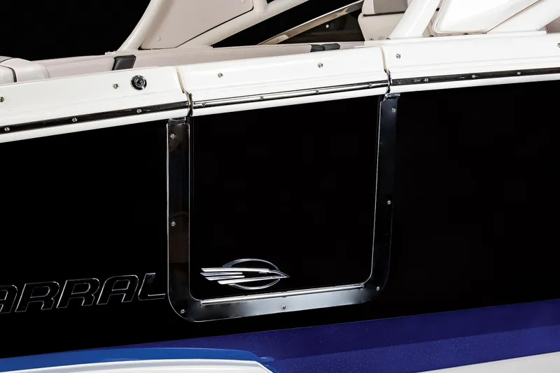 Slide: The Image of 2025 Chaparral 280 OSX boat side view with sleek black and white design. - 25