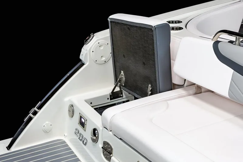 Slide: The Image of 2025 Chaparral 280 OSX boat interior with sleek seating and modern design features. - 27