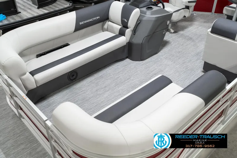 Slide: The Image of 2025 Bennington 20 SL pontoon boat interior with gray and white seating. - 12