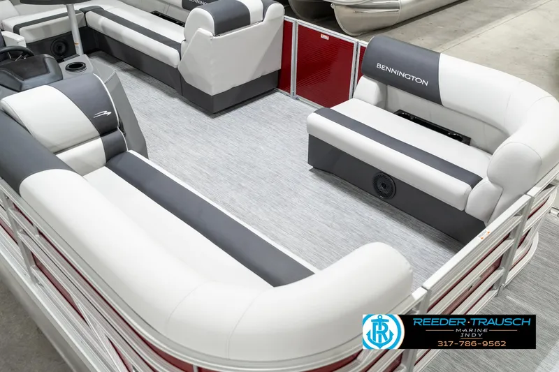 Slide: The Image of 2025 Bennington 20 SL pontoon boat interior with gray and white seating. - 13
