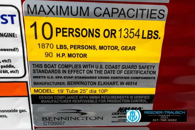 Slide: The Image of Capacity label for 2025 Bennington 20 SL boat, 10 persons or 1354 lbs, 90 HP motor. - 49