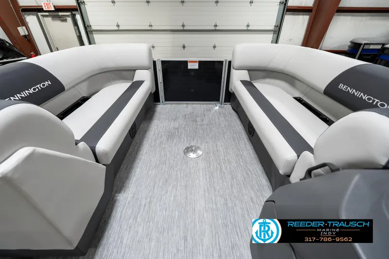 Slide: The Image of 2025 Bennington 20 SSR boat interior with gray seating and flooring. - 23