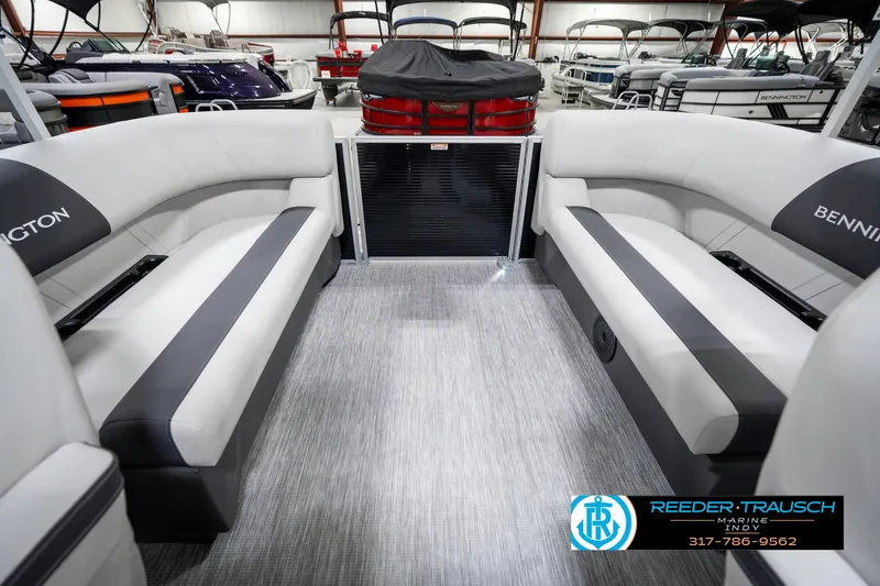 Slide: The Image of Interior of a 2025 Bennington 20 SSR pontoon boat with gray seating. - 27