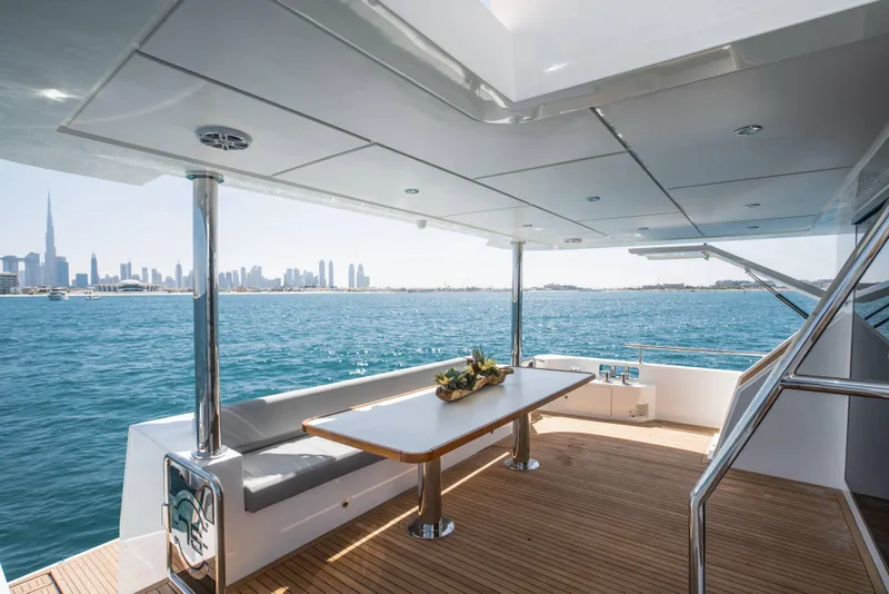 Slide: The Image of Luxurious 2024 Nomad 75 SUV yacht deck with ocean view and city skyline. - 19