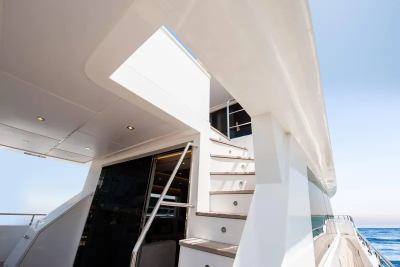 Slide: The Image of 2024 Nomad 75 SUV yacht, showcasing sleek exterior design and modern staircase. - 30